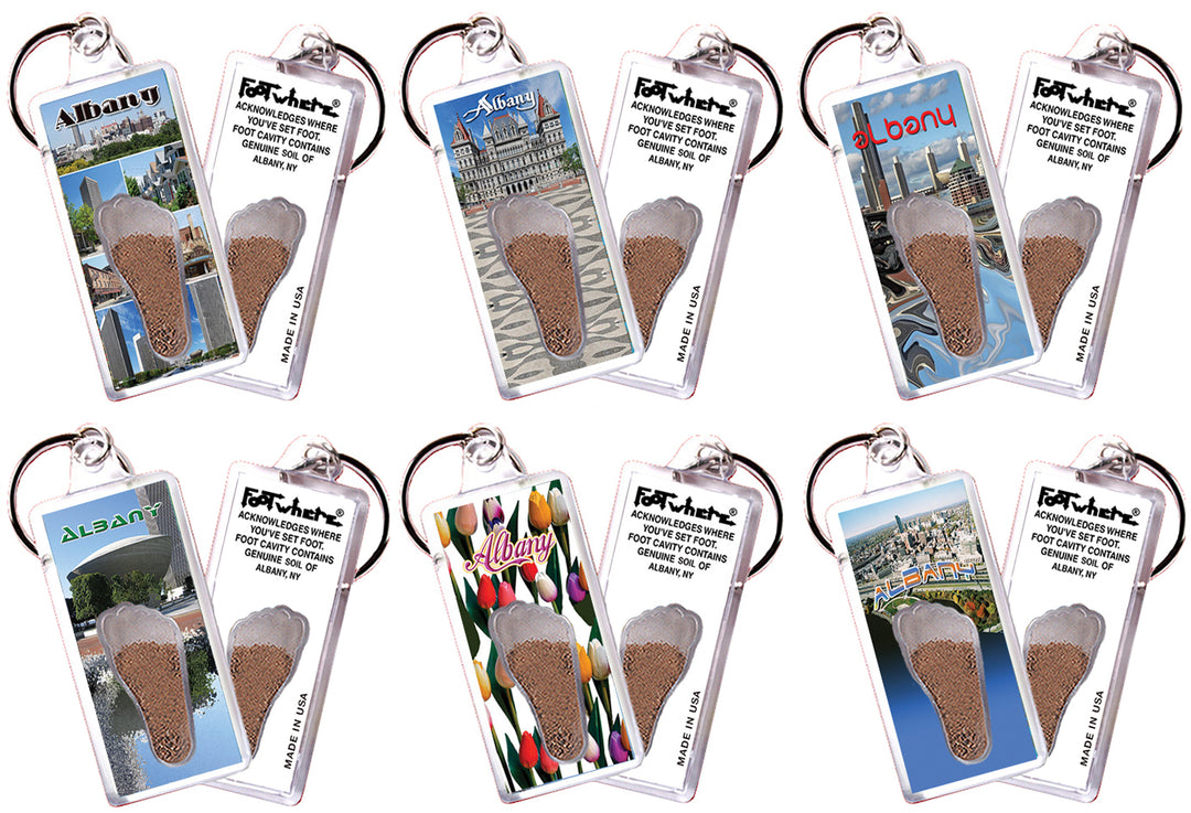 Albany, NY FootWhere® Souvenir Keychain. 72 pieces/ 6 assorted styles.