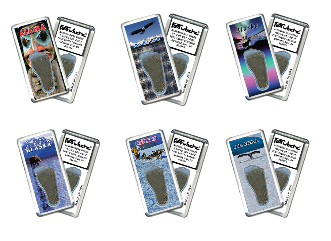 Alaska FootWhere® Souvenir Magnets. 72 pieces/ 6 assorted styles.