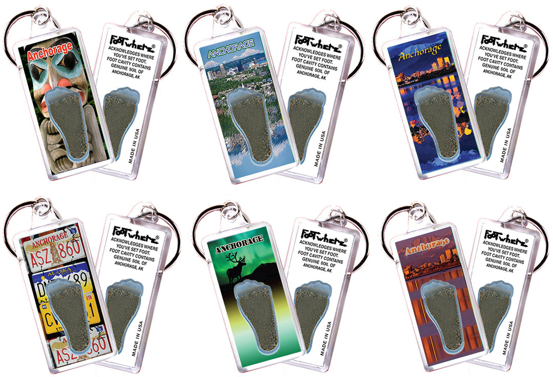 Anchorage FootWhere Souvenir Keychains. 6 Piece Set. Made in USA