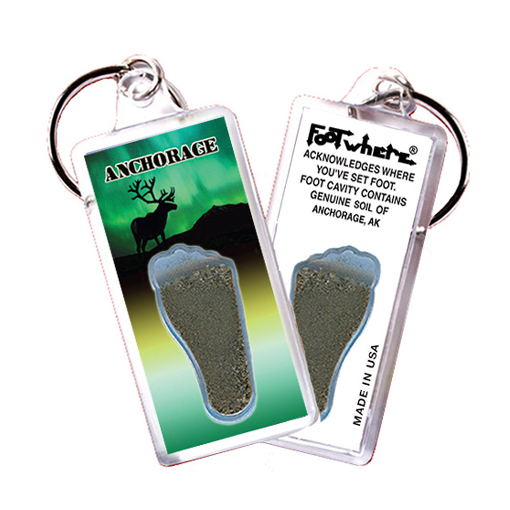 Anchorage FootWhere Souvenir Keychains. 6 Piece Set. Made in USA