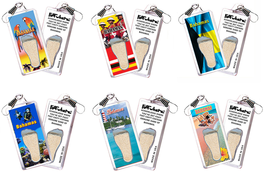 Bahamas FootWhere Souvenir Zipper-Pulls. 72 pieces/6 assorted styles.