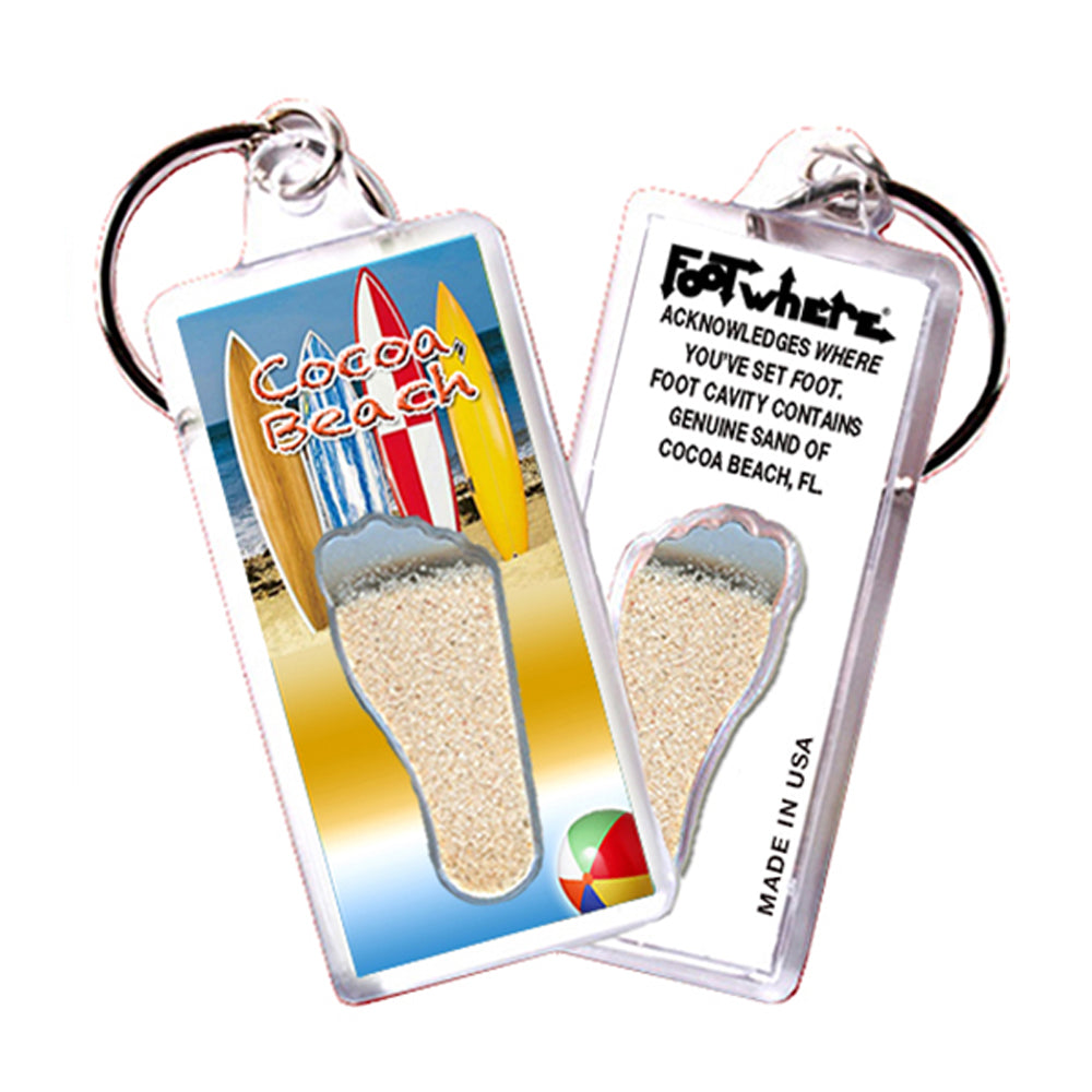 Cocoa Beach FootWhere® Souvenir Keychains. 6 Piece Set. Made in USA