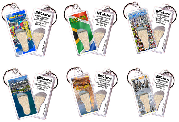 Cape Town, S.A. FootWhere® Souvenir Keychains. 6 Piece Set. Made in USA