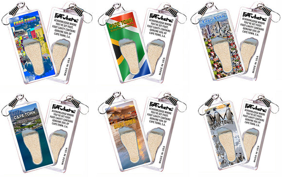 Cape Town, S.A. FootWhere® Souvenir Zipper-Pulls. 6 Piece Set. Made in USA