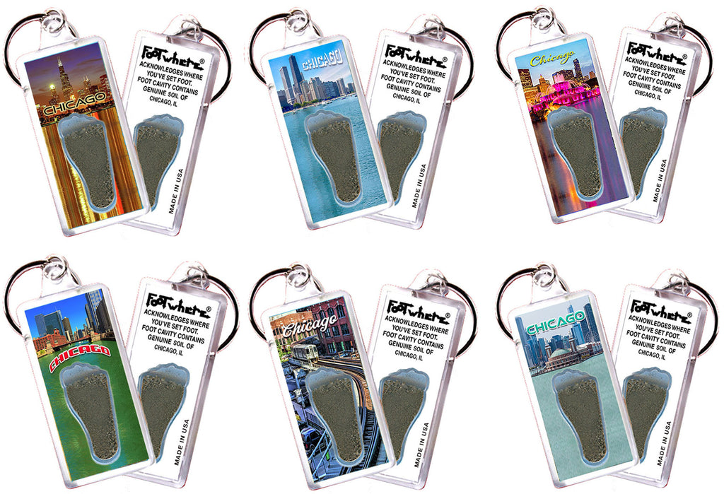 Chicago FootWhere® Souvenir Keychains. 6 Piece Set. Made in USA