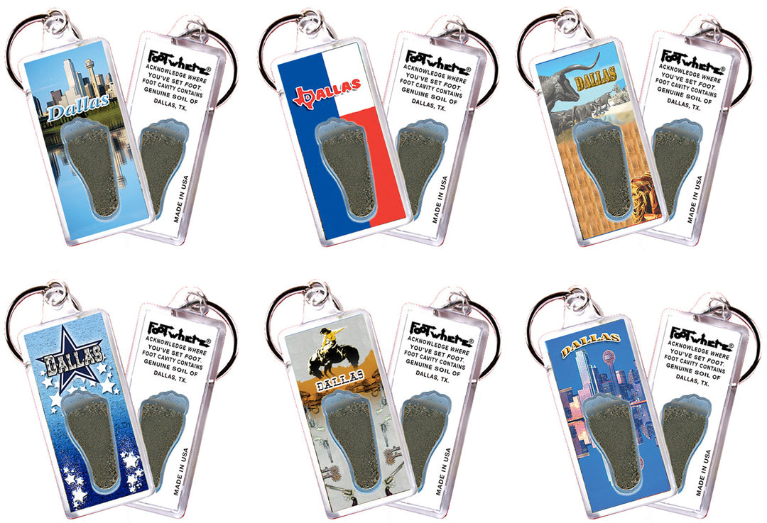 Dallas FootWhere® Souvenir Keychains. 72 Pieces/6 Assorted Styles. Made in USA