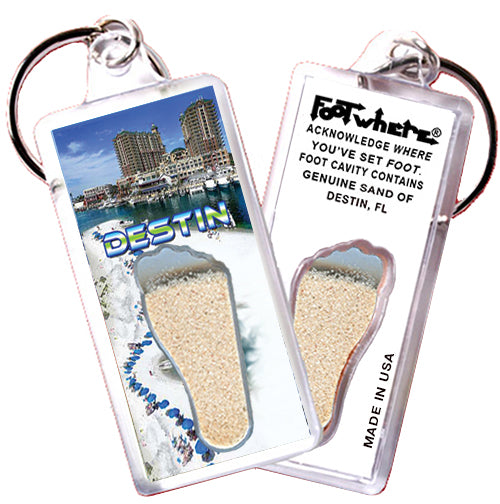 Destin FootWhere® Souvenir Keychains. 6 Piece Set. Made in USA