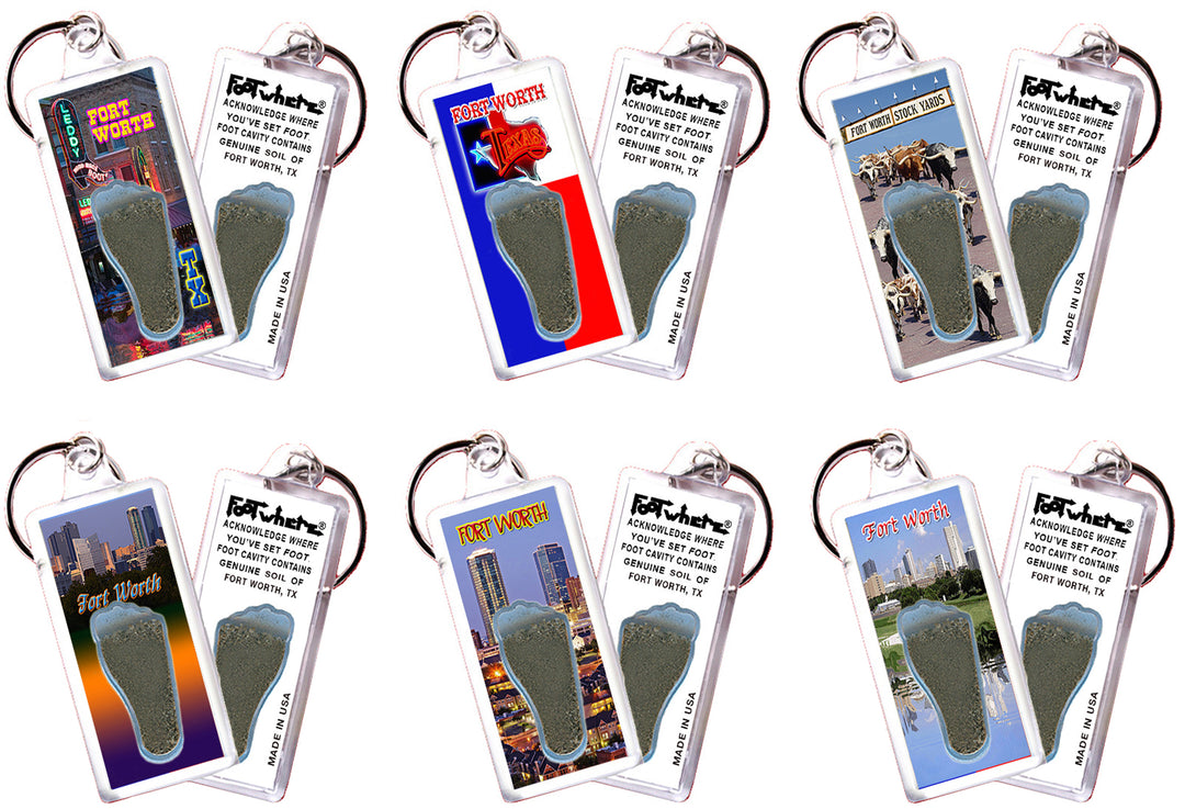 Fort Worth FootWhere® Souvenir Keychain. 72 Pieces/6 Assorted Styles. Made in USA