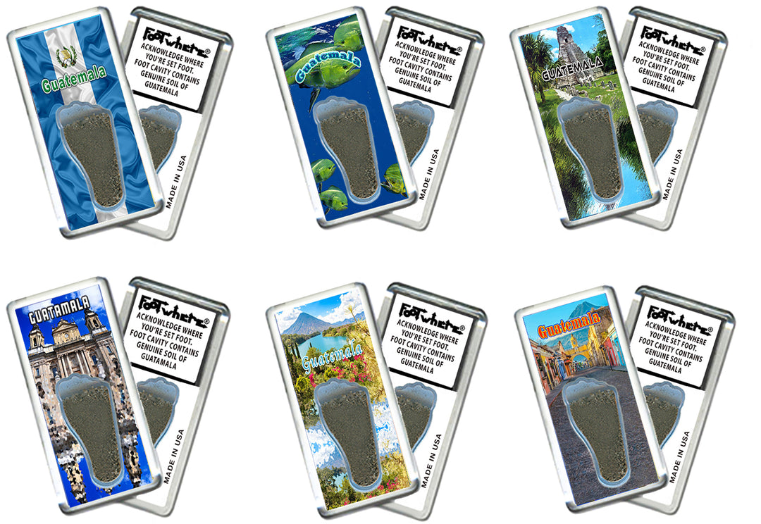 Guatemala FootWhere® Souvenir Fridge Magnets. 6 Piece Set. Made in USA