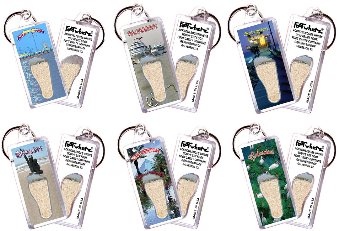 Galveston FootWhere Souvenir Keychains. 6 Piece Set. Made in USA