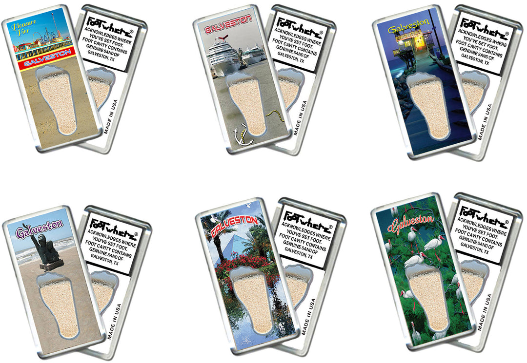 Galveston FootWhere Souvenir Fridge Magnets. 6 Piece Set. Made in USA