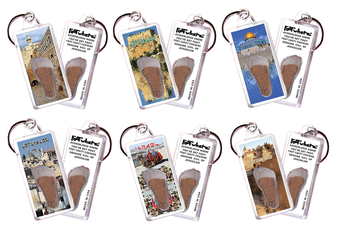 Jerusalem FootWhere® Souvenir Keychains. 6 Piece Set - Assorted styles.