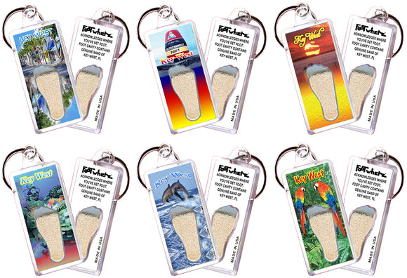 Key West FootWhere® Souvenir  Keychains. 6 Piece Set. Made in USA