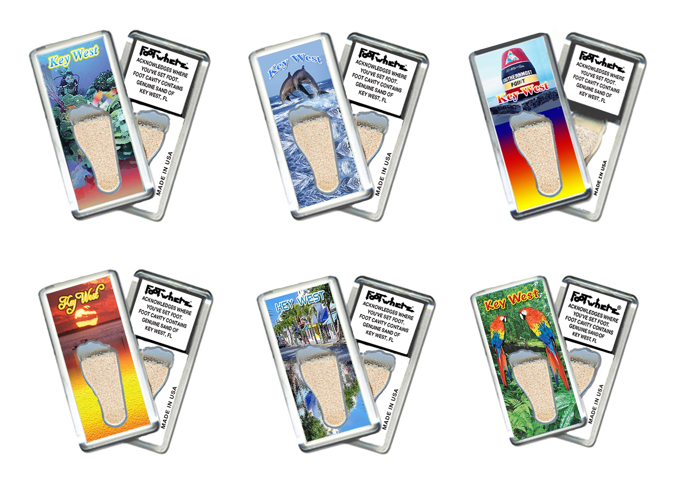 Key West FootWhere® Souvenir Magnet. 72 pieces/6 assorted styles.