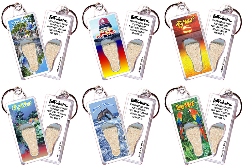 Key West FootWhere® Souvenir  Keychains. 6 Piece Set. Made in USA