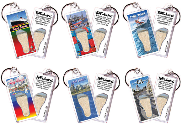 Long Beach FootWhere® Souvenir Keychains. 6 Piece Set. Made in USA