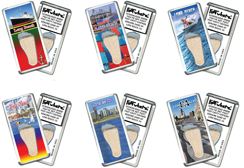Long Beach FootWhere® Souvenir Magnets. 6 Piece Set. Made in USA