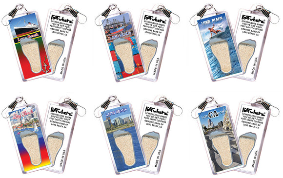Long Beach FootWhere® Souvenir Zipper-Pulls. 6 Piece Set. Made in USA