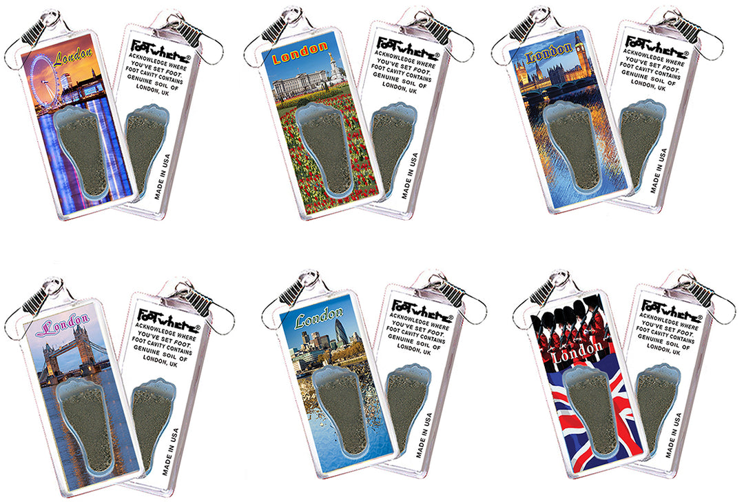 London, UK FootWhere® Souvenir Zipper-Pulls. 6 assorted styles.