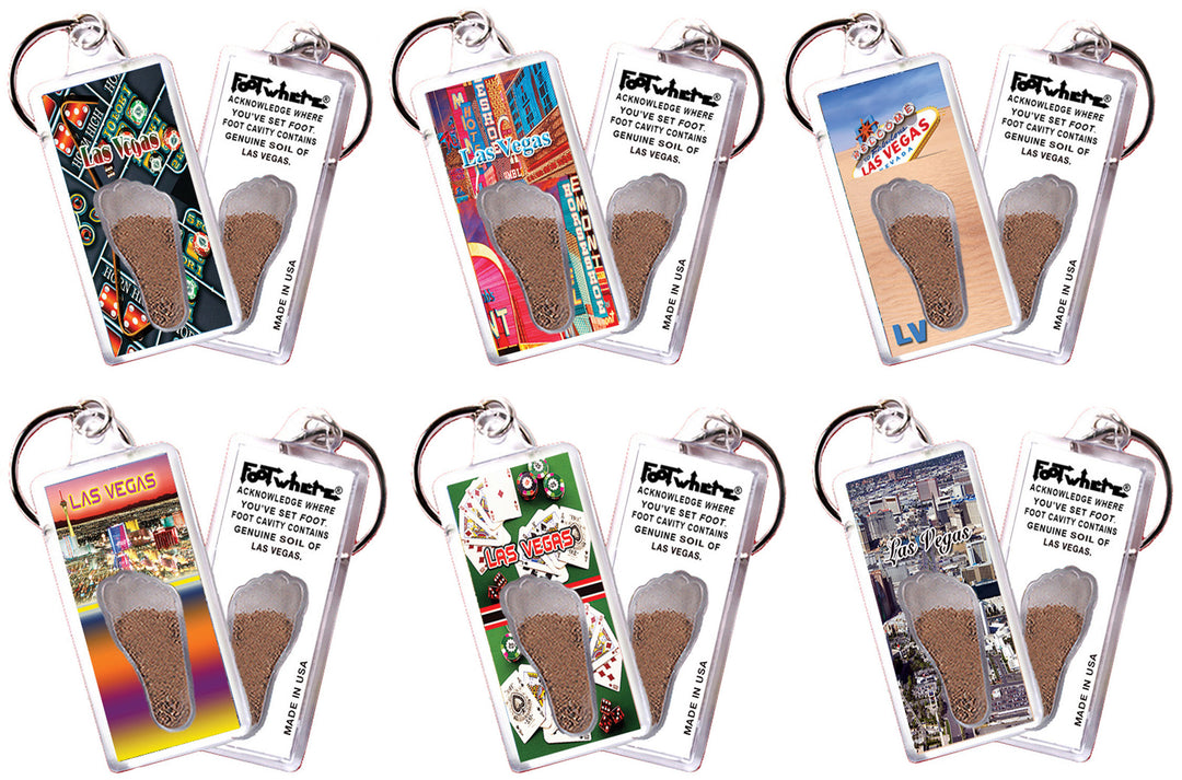 Las Vegas FootWhere® Souvenir  Keychains. 6 Piece Set. Made in USA