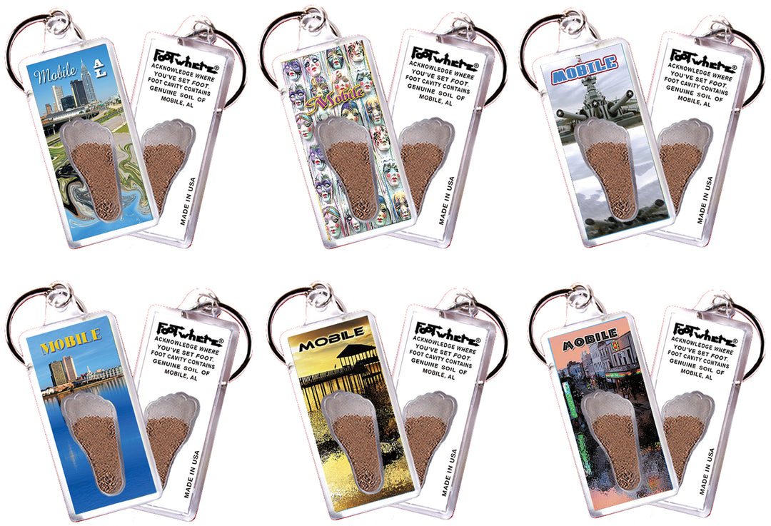 Mobile FootWhere® Souvenir Keychains 6 Piece Set. Made in USA