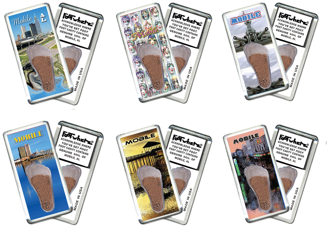 Mobile FootWhere® Souvenir Fridge Magnets. 6 Piece Set. Made in USA