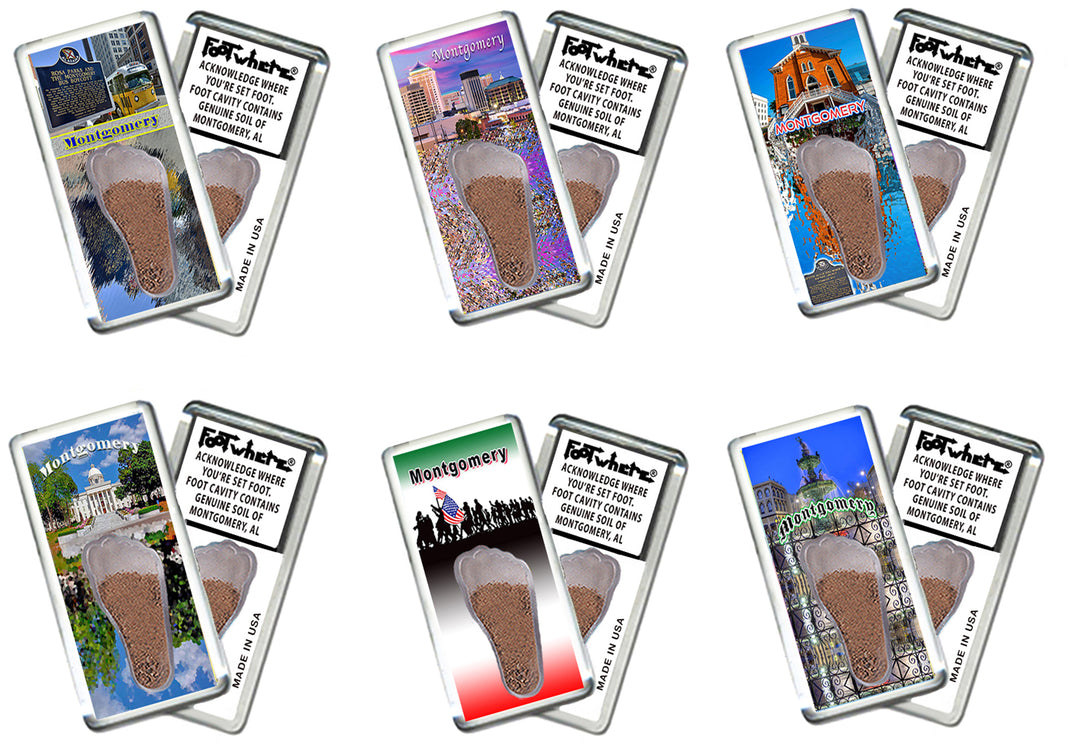 Montgomery FootWhere® Souvenir Fridge Magnets. 6 Piece Set. Made in USA