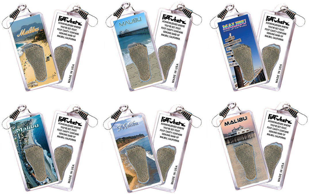 Malibu FootWhere Souvenir Zipper-Pulls. 6 Piece Set. Made in USA