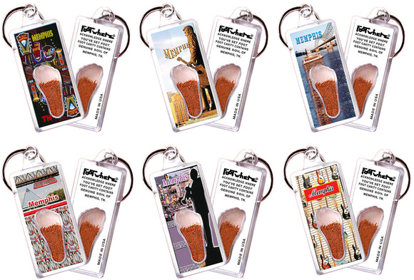 Memphis FootWhere® Souvenir Keychains. 6 Piece Set. Made in USA