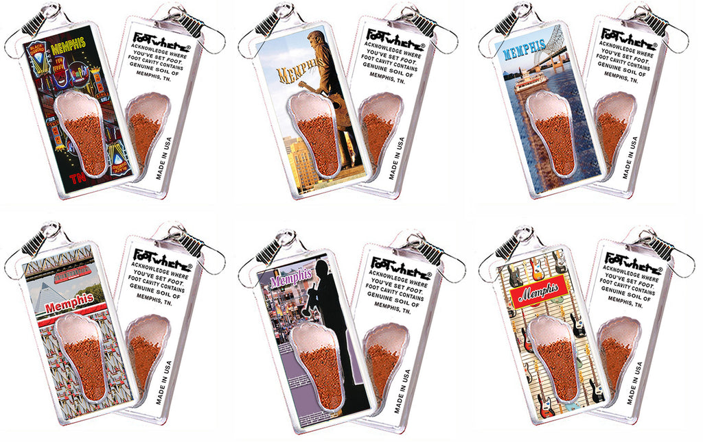 Memphis FootWhere® Souvenir Zipper-Pulls. 6 Piece Set. Made in USA
