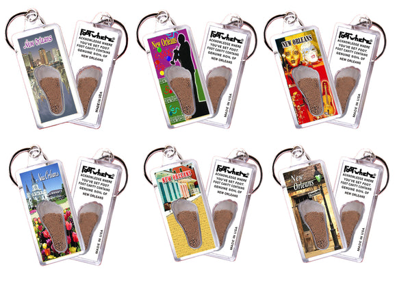 New Orleans FootWhere® Souvenir Keychains. 6 Piece Set. Made in USA