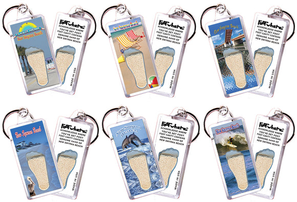 New Smyrna Beach FootWhere® Souvenir Keychains. 6 Piece Set. Made in USA