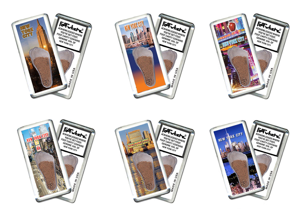 New York City  FootWhere® Souvenir Magnets. 6 Piece Set. Made in USA