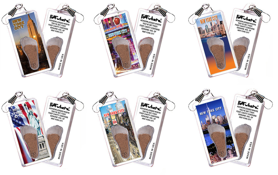 New York City  FootWhere® Souvenir Zipper-Pulls. 6 Piece Set. Made in USA