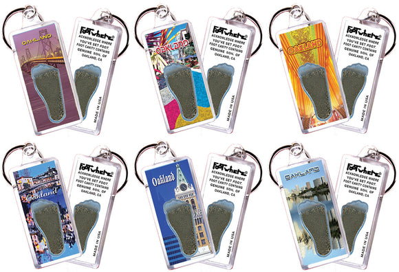 Oakland FootWhere® Souvenir Keychains. 6 Piece Set. Made in USA