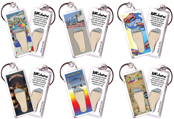 Ocean City FootWhere® Souvenir Keychains. 6 Piece Set. Made in USA