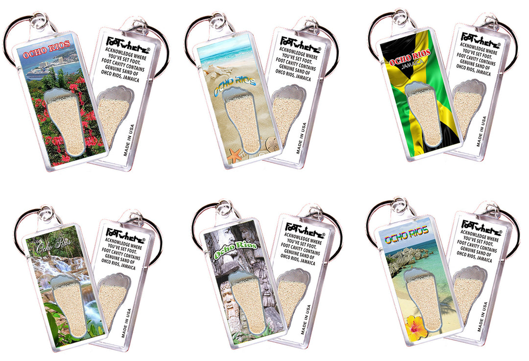 Ocho Rios FootWhere® Souvenir Keychains. 6 Piece Set. Made in USA