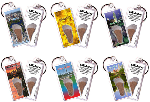 Omaha FootWhere® Souvenir Keychains. 6 Piece Set. Made in USA