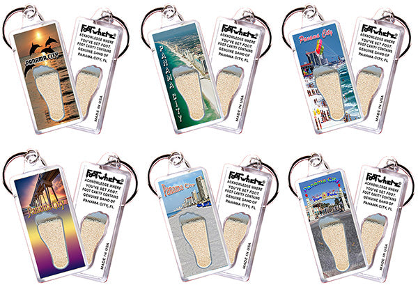 Panama City FootWhere® Souvenir Keychains. 6 Piece Set. Made in USA