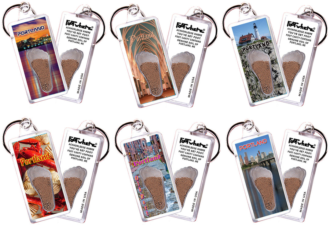 Portland, ME FootWhere® Souvenir Keychains. 6 Piece Set. Made in USA