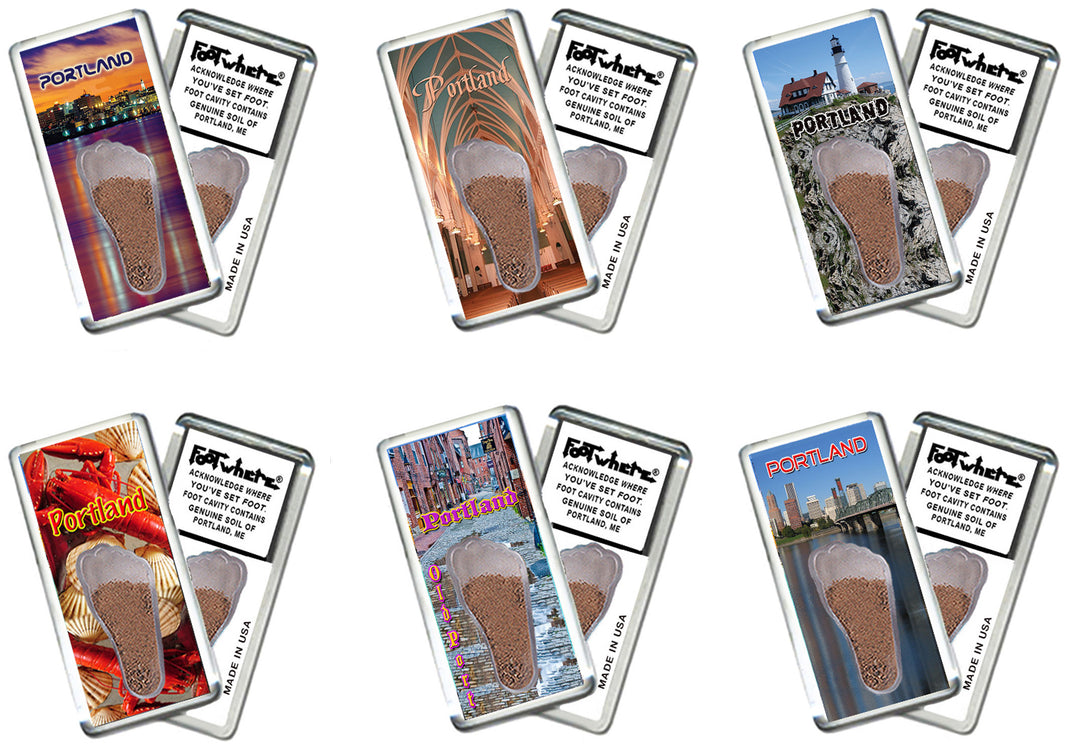 Portland, ME FootWhere® Souvenir Magnet. 6 Piece Set. Made in USA