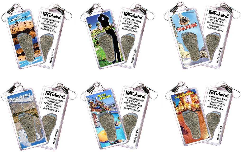 Palm Springs FootWhere® Souvenir Zipper-Pulls. 6 Piece Set. Made in USA