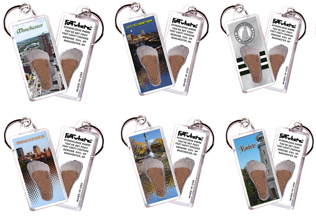 Manchester FootWhere® Souvenir Keychains. 6 Piece Set. Made in USA