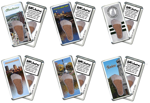 Manchester FootWhere® Souvenir Magnets. 6 Piece Set. Made in USA