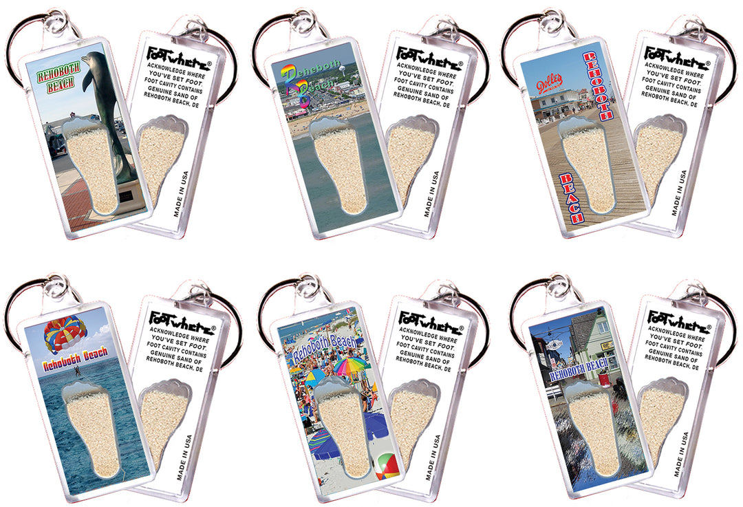 Rehoboth Beach FootWhere® Souvenir Keychains. 6 Piece Set. Made in US