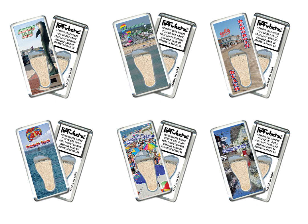 Rehoboth Beach FootWhere® Souvenir Magnets. 6 Piece Set. Made in US