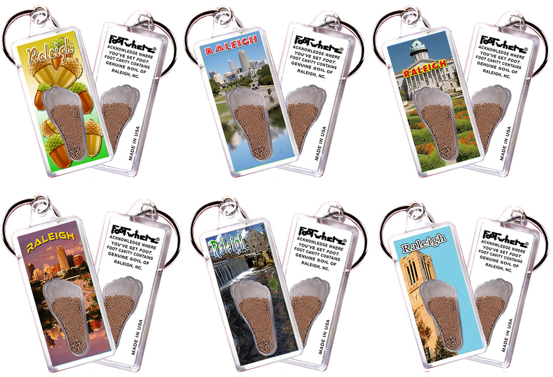 Raleigh FootWhere® Souvenir Keychains 6 Piece Set. Made in US