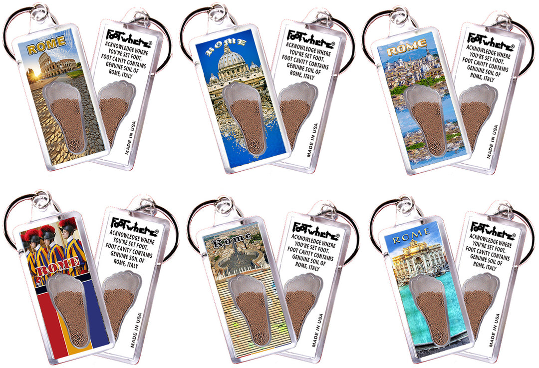 Rome, Italy FootWhere® Souvenir Keychains. 6 Piece Set. Made in USA