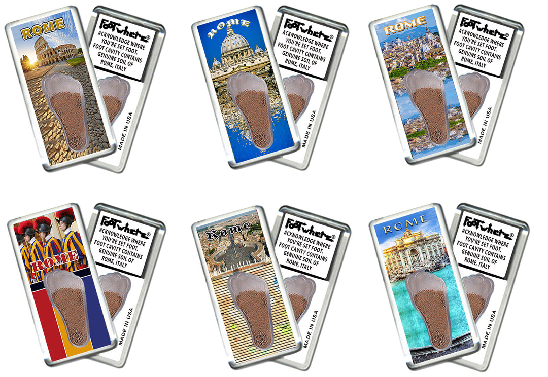 Rome, Italy FootWhere® Souvenir Magnets. 6 Piece Set. Made in USA