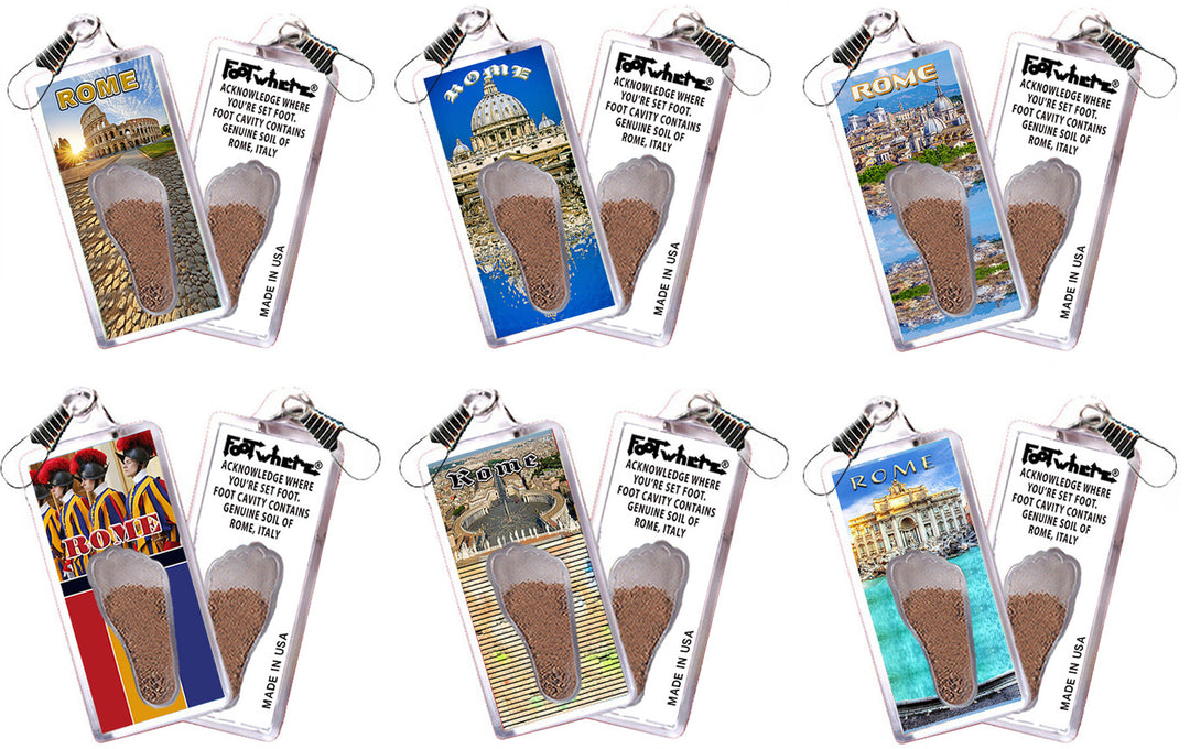 Rome, Italy FootWhere® Souvenir Zipper-Pulls. 6 Piece Set. Made in USA